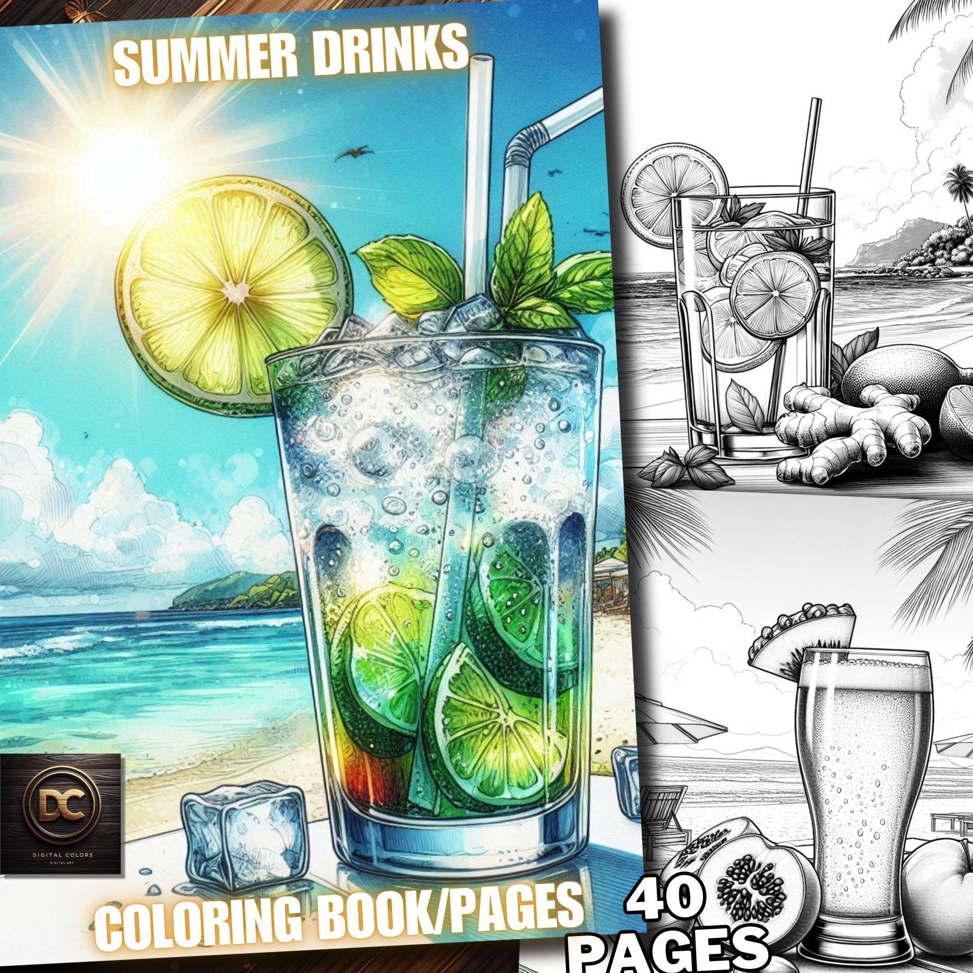 40 Summer Drinks Coloring Pages, Drink coloring Book, Drinks Coloring in Grayscale of Fantasy for Adults and Kids Download Printable Pdf