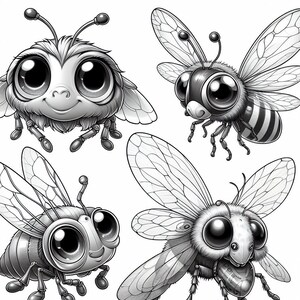 May include: Four black and white cartoon bees with large eyes. The bees have different wing shapes and body details.