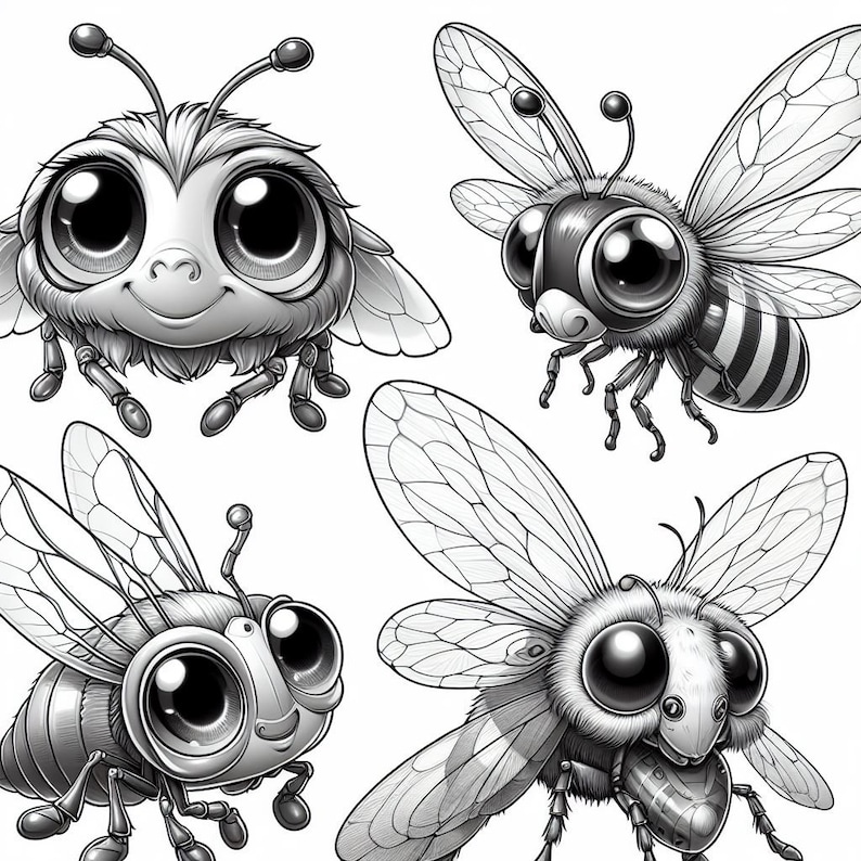 May include: Four black and white cartoon bees with large eyes. The bees have different wing shapes and body details.