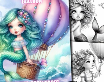 May include: A coloring book page featuring a mermaid with long green hair and a pink and purple hot air balloon. The mermaid is sitting on a wicker basket and holding onto the balloon. The text "Mermaid in Hot Balloon" is at the top of the page. The text "Coloring Book/Pages" is at the bottom of the page. The text "57 Pages" is on the right side of the page.