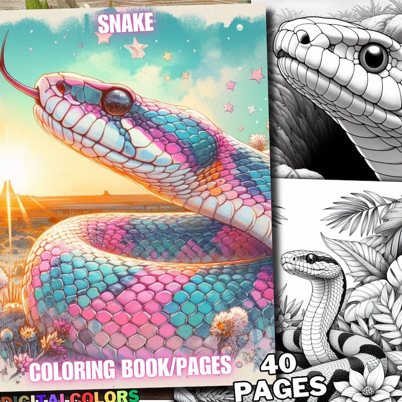 May include: A colorful snake illustration with pink, blue, and purple scales, with the word "SNAKE" at the top. The image also includes the text "COLORING BOOK/PAGES" and "40 PAGES".