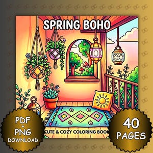 Puede incluir: Portada de un libro para colorear digital titulado "Spring Boho" con una acogedora escena interior. La imagen presenta plantas colgantes, una alfombra y una ventana con vista a árboles. Incluye el texto "PDF + PNG DOWNLOAD" y "40 PAGES".