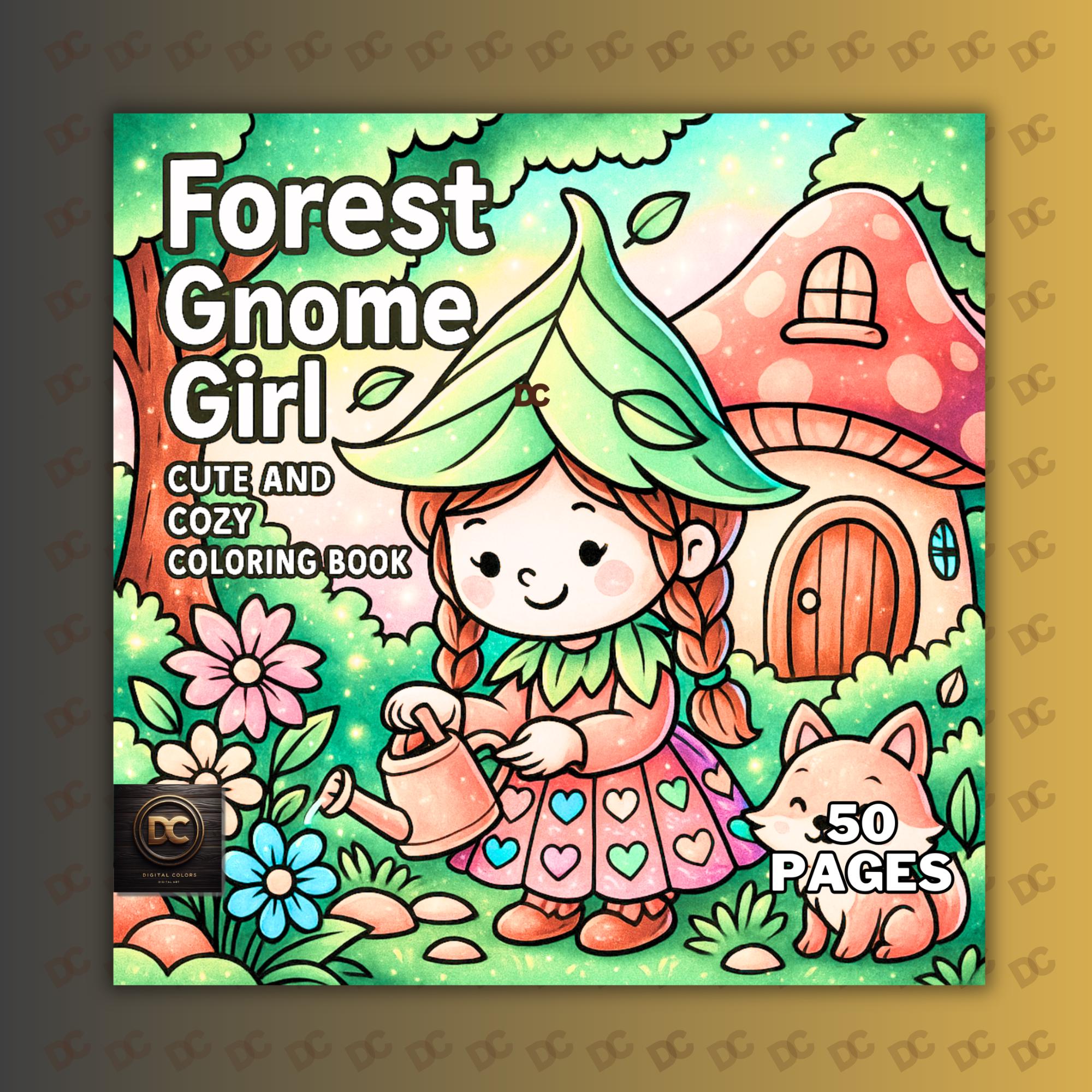 Niña Gnomo del Bosque – Libro de Colorear Tierno y Acogedor | 50 páginas gruesas y fáciles para adultos y niños | PDF imprimible + PNG para Procreate