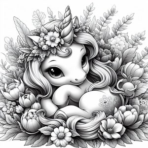 May include: A black and white illustration of a unicorn with a floral crown, surrounded by flowers. The unicorn has large eyes and a curled horn.