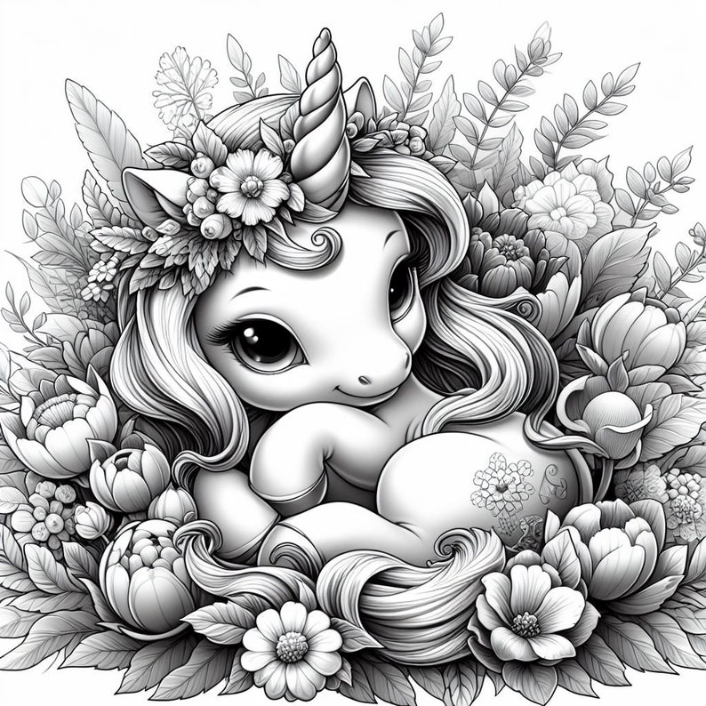May include: A black and white illustration of a unicorn with a floral crown, surrounded by flowers. The unicorn has large eyes and a curled horn.
