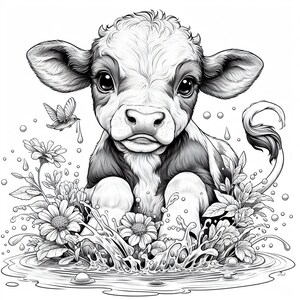 Puede incluir: Ilustraci&oacute;n en blanco y negro de un ternero rodeado de flores y agua. El ternero tiene ojos grandes y mira directamente al espectador. Un peque&ntilde;o p&aacute;jaro vuela cerca. La imagen es detallada y tiene un aspecto caprichoso.
