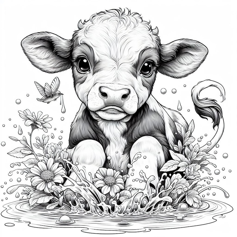 Puede incluir: Ilustraci&oacute;n en blanco y negro de un ternero rodeado de flores y agua. El ternero tiene ojos grandes y mira directamente al espectador. Un peque&ntilde;o p&aacute;jaro vuela cerca. La imagen es detallada y tiene un aspecto caprichoso.