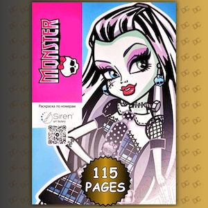 May include: A colouring book cover featuring a stylised illustration of a character with pale green skin, black and white hair, and a neck bolt. The cover includes the text MONSTER, a skull icon, the Siren art factory logo, and 115 PAGES.