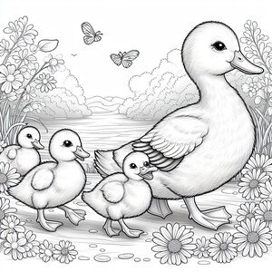 May include: A black and white line drawing of a mother duck and two ducklings. The mother duck is standing on the right side of the image, with her two ducklings walking towards the left side of the image. The ducklings are smaller than the mother duck and have shorter beaks. The background of the image is a pond with trees and flowers.