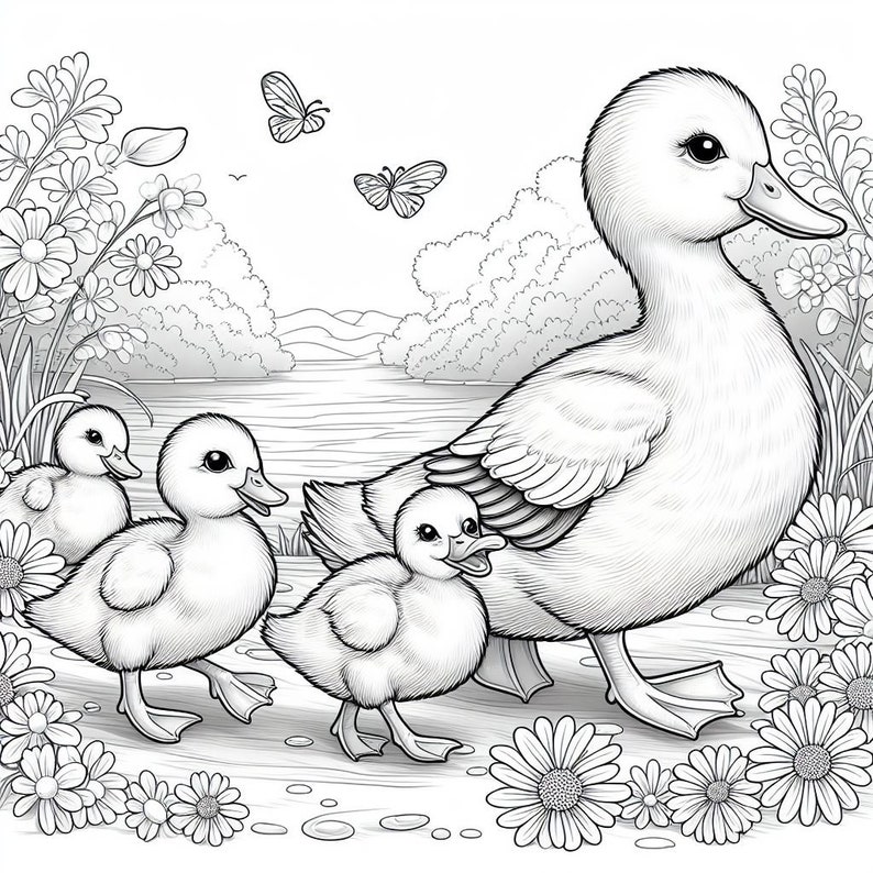 May include: A black and white line drawing of a mother duck and two ducklings. The mother duck is standing on the right side of the image, with her two ducklings walking towards the left side of the image. The ducklings are smaller than the mother duck and have shorter beaks. The background of the image is a pond with trees and flowers.