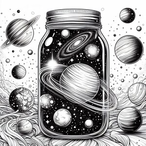 May include: A black and white illustration of a glass jar filled with a galaxy, planets, and stars. The jar is surrounded by swirling clouds and other planets.