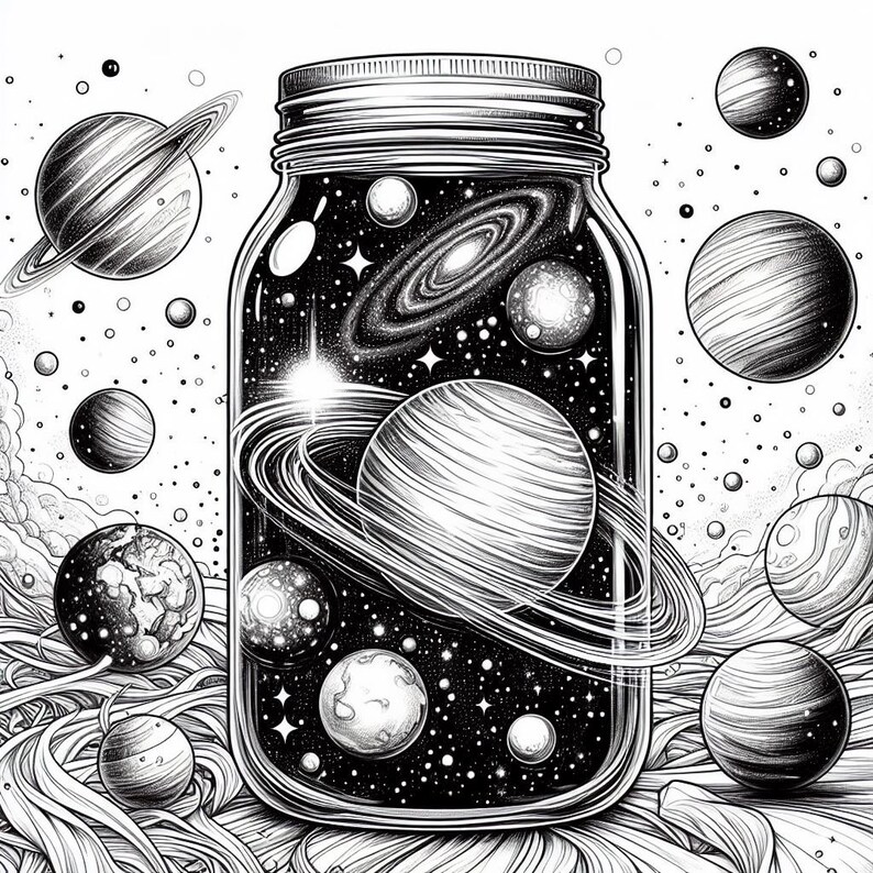 May include: A black and white illustration of a glass jar filled with a galaxy, planets, and stars. The jar is surrounded by swirling clouds and other planets.