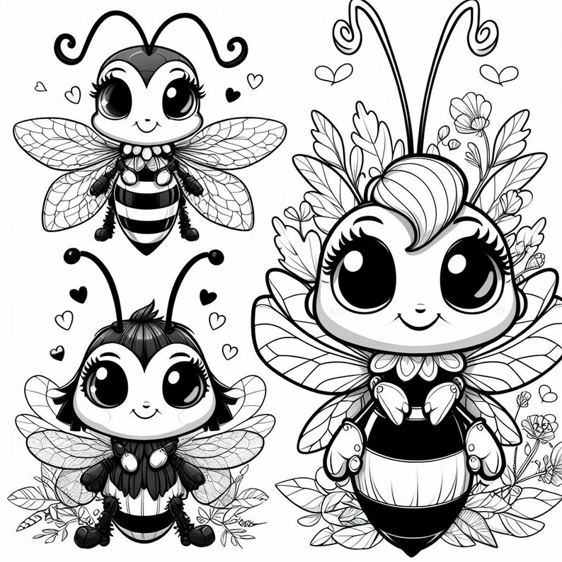 May include: Three black and white cartoon bee illustrations. The bees have large eyes, wings, and antennae. One bee is surrounded by flowers and leaves.