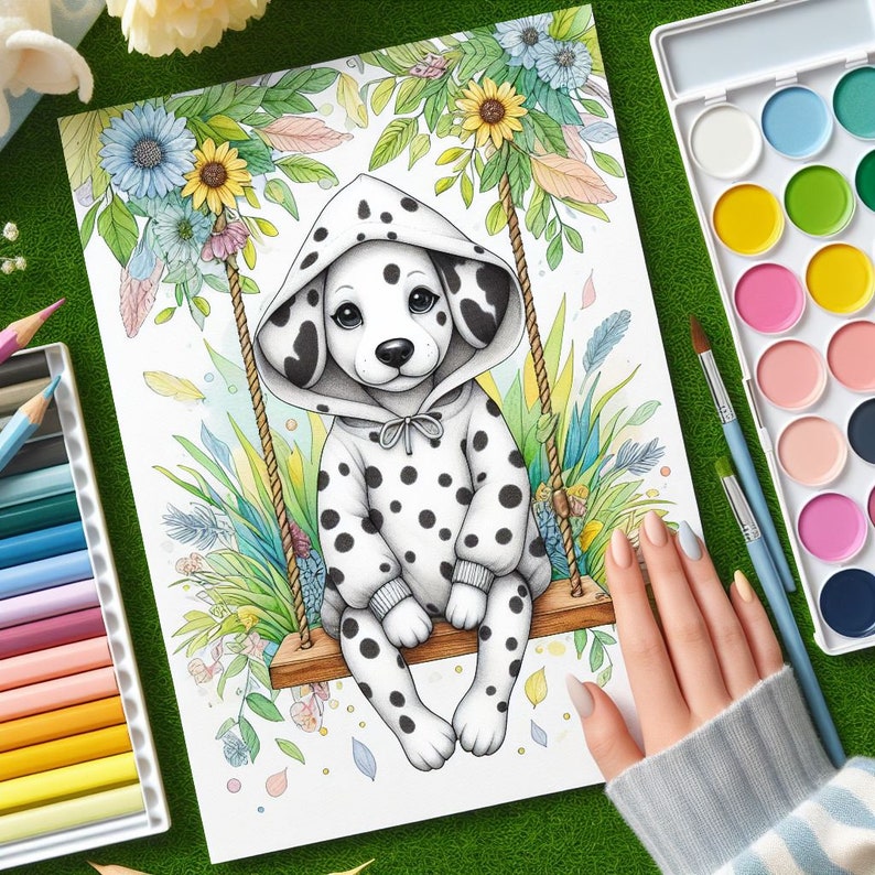 May include: A black and white dalmatian puppy wearing a hooded sweatshirt with black polka dots sits on a swing in a garden setting. The puppy is surrounded by green leaves, flowers, and butterflies.