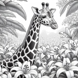 May include: A black and white illustration of a giraffe standing in a field of lilies. The giraffe's head is turned to the side, and its long neck is visible. The lilies are in full bloom, and their petals are spread out.