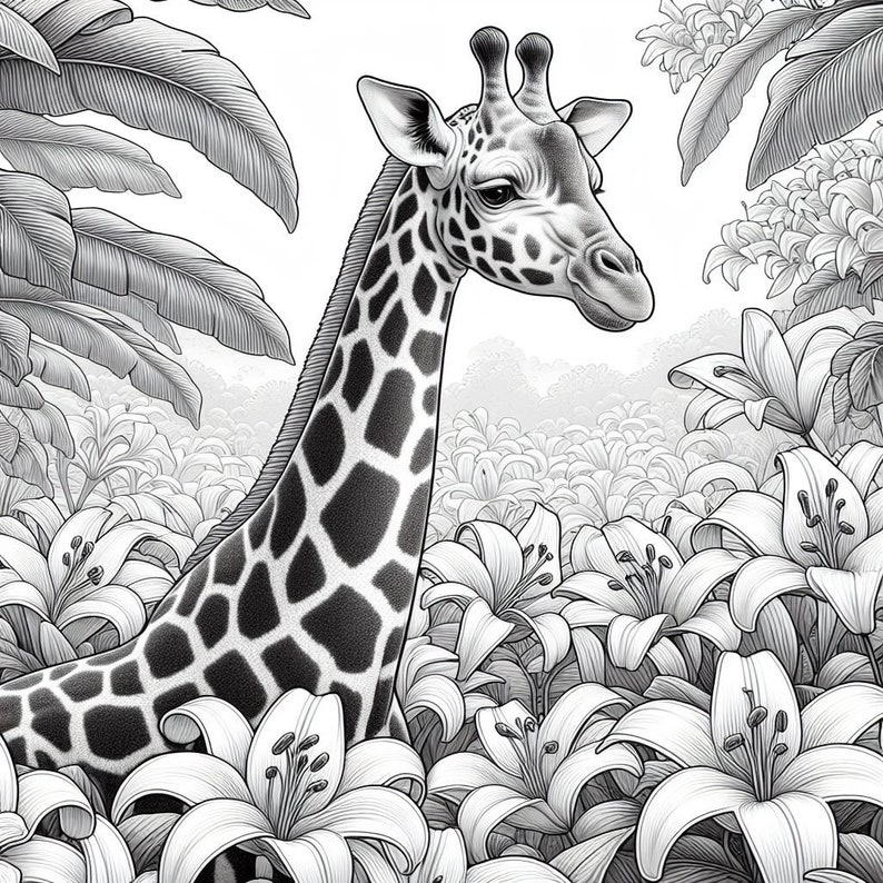 May include: A black and white illustration of a giraffe standing in a field of lilies. The giraffe's head is turned to the side, and its long neck is visible. The lilies are in full bloom, and their petals are spread out.