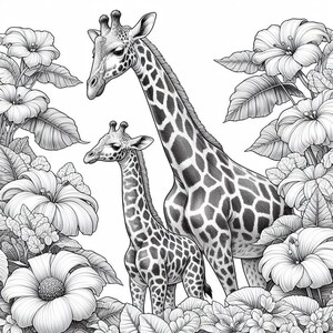May include: A black and white illustration of a mother giraffe and her baby giraffe standing in a jungle setting. The giraffes are surrounded by lush foliage and flowers.