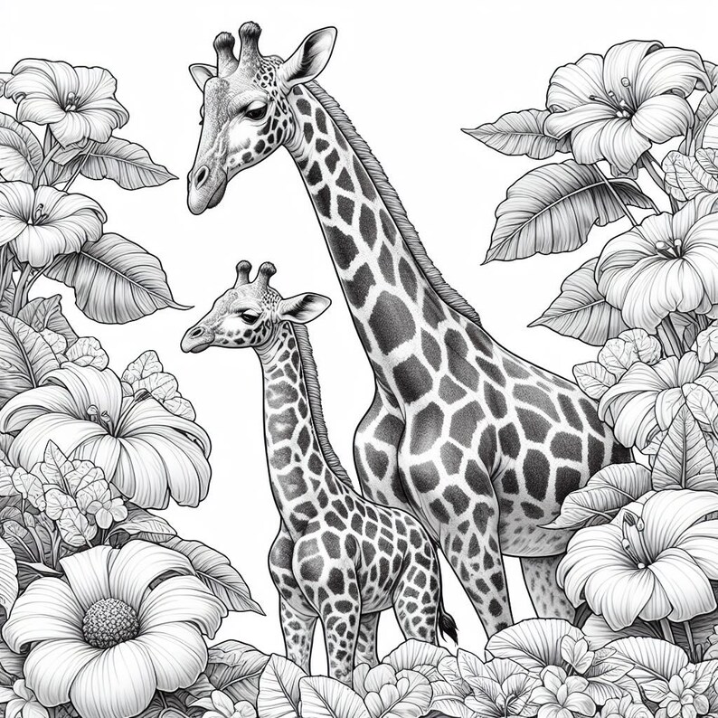 May include: A black and white illustration of a mother giraffe and her baby giraffe standing in a jungle setting. The giraffes are surrounded by lush foliage and flowers.