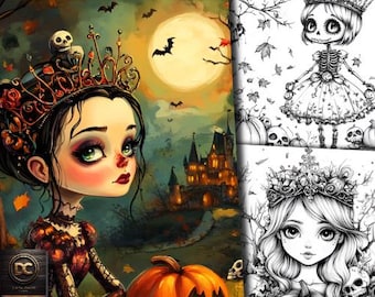 60 páginas para colorir de princesa de Halloween, livro de colorir de princesas, Cinderela assustador assustador abóbora bruxa outono Fll impressão em PDF em tons de cinza