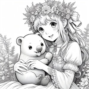May include: A black and white illustration of a young girl with long hair wearing a flower crown and a dress. She is holding a small, furry animal with its tongue sticking out.