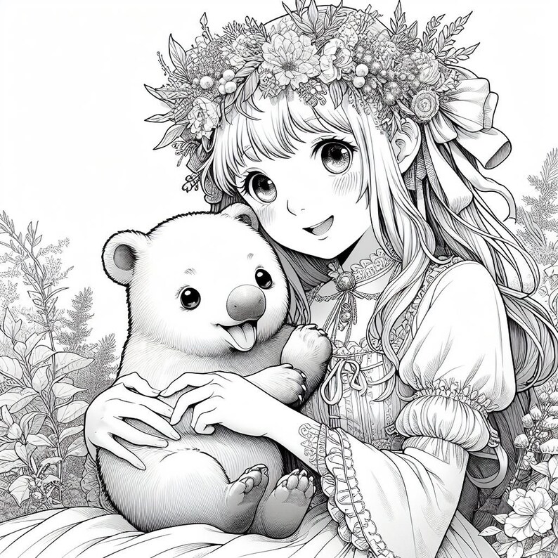 May include: A black and white illustration of a young girl with long hair wearing a flower crown and a dress. She is holding a small, furry animal with its tongue sticking out.