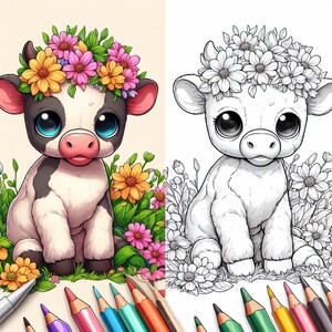 Puede incluir: Ilustraci&oacute;n colorida de un ternero de dibujos animados con una corona de flores, sentado en un campo de flores. El ternero es blanco y negro con grandes ojos azules y una nariz rosa. Al lado, un dibujo lineal en blanco y negro del mismo ternero.