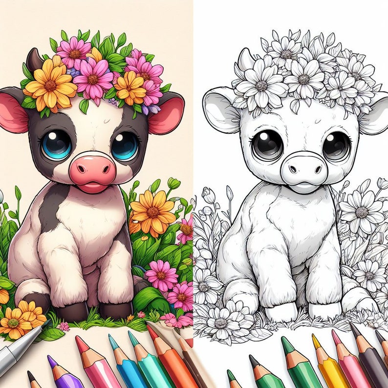 Puede incluir: Ilustraci&oacute;n colorida de un ternero de dibujos animados con una corona de flores, sentado en un campo de flores. El ternero es blanco y negro con grandes ojos azules y una nariz rosa. Al lado, un dibujo lineal en blanco y negro del mismo ternero.
