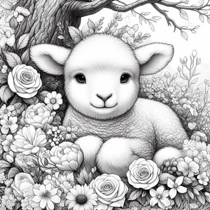 May include: A black and white illustration of a cute lamb sitting in a field of flowers. The lamb has a fluffy white coat and is looking directly at the viewer. The flowers are in bloom and are surrounding the lamb.