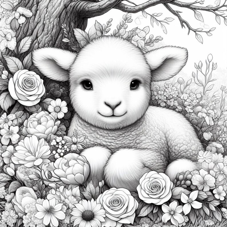 May include: A black and white illustration of a cute lamb sitting in a field of flowers. The lamb has a fluffy white coat and is looking directly at the viewer. The flowers are in bloom and are surrounding the lamb.