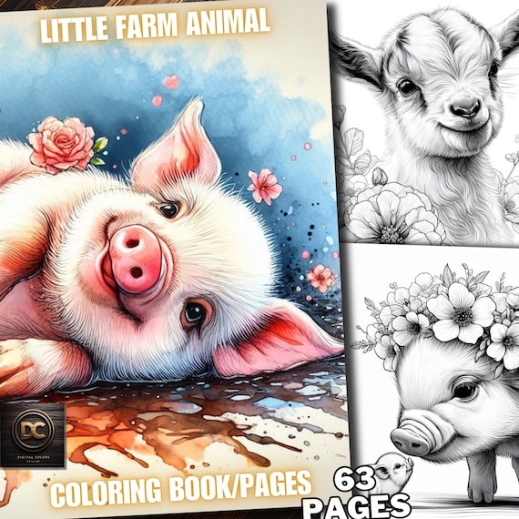 63 Little Farm Animal Coloring Book, Spring Forest Cute Baby Animal Coloring Pages Grayscale Fantasy Page Adults and Kids Printable Pdf
