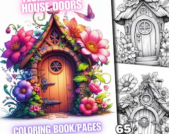 65 páginas para colorir de portas de casas de fadas florais, livro para colorir de casas de fadas, flores para casas, livros, designs de qualidade em tons de cinza para adultos e crianças