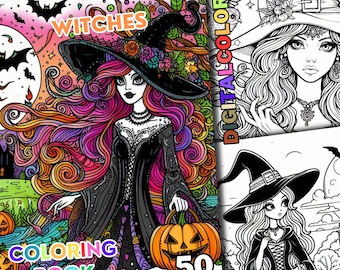50 livro para colorir de bruxas, páginas para colorir de bruxas, halloween, terror, designs de bruxas góticas de alta qualidade para adultos, crianças e alívio do estresse.