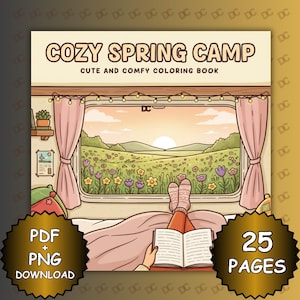 Cozy Spring Camp Coloring Book – 25 Bold and Easy Cute Camping Pages, Kawaii Nature Scenes, Printable PDF & Procreate PNG