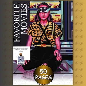 Peut inclure: Une couverture de livre de coloriage intitulée FAVORITE MOVIES tome 2 avec une illustration stylisée d'une personne portant un bandeau, une chemise jaune à motifs et un pantalon noir. Un badge doré indique 50 PAGES. Inclut un QR code et du texte russe.