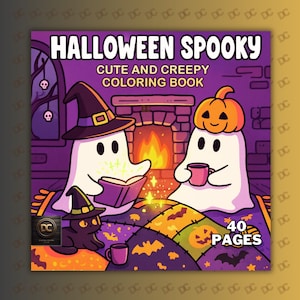 Könnte beinhalten: Ein Malbuch zum Thema Halloween mit dem Titel "Halloween Spooky: Cute and Creepy Coloring Book". Das Cover zeigt Cartoon-Geister, eine schwarze Katze und einen Kürbis in einer Szene mit violetten Farbtönen. Das Buch hat 40 Seiten.