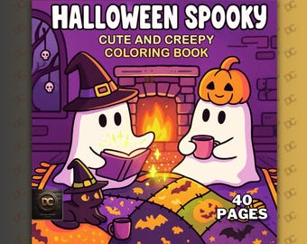May include: A Halloween-themed coloring book with the title "Halloween Spooky: Cute and Creepy Coloring Book." The cover features cartoon ghosts, a black cat, and a pumpkin, all set in a cozy, purple-toned scene. The book has 40 pages.