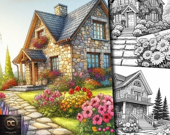44 páginas para colorir de casas com jardim, livro para colorir de casas com jardins florais de verão, casa e flores em escala de cinza Imprimir PDF para adultos e crianças