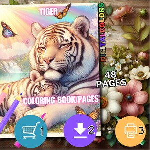 Puede incluir: Un libro para colorear con una tigresa madre y su cachorro. La portada tiene un fondo de arco&iacute;ris con mariposas y el texto "TIGER" y "COLORING BOOK/PAGES". El libro tiene 48 p&aacute;ginas.