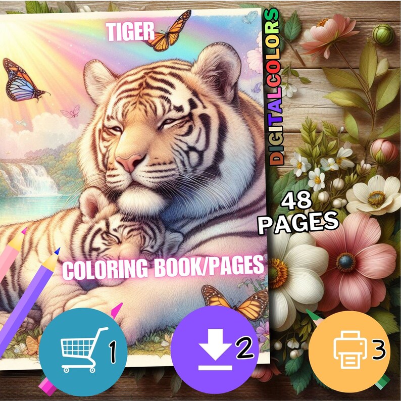 Puede incluir: Un libro para colorear con una tigresa madre y su cachorro. La portada tiene un fondo de arco&iacute;ris con mariposas y el texto "TIGER" y "COLORING BOOK/PAGES". El libro tiene 48 p&aacute;ginas.