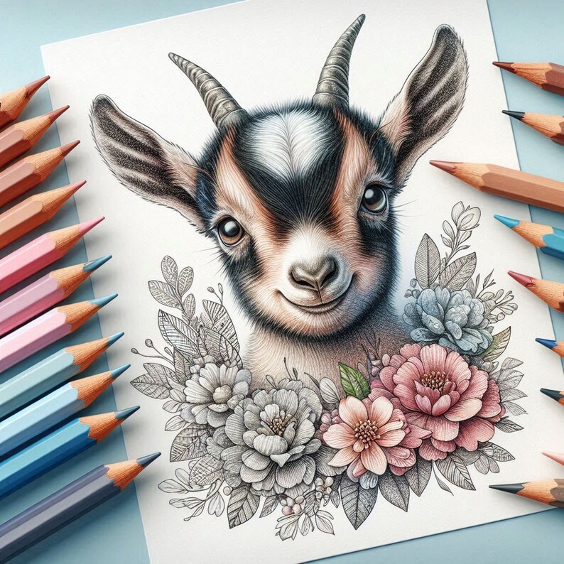 May include: A black and white goat with a sweet expression is surrounded by a wreath of flowers. The flowers are in shades of pink, white, and gray. The goat's eyes are brown, and its nose is pink.