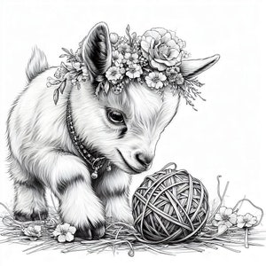 May include: A black and white drawing of a baby goat wearing a flower crown and looking at a ball of yarn.