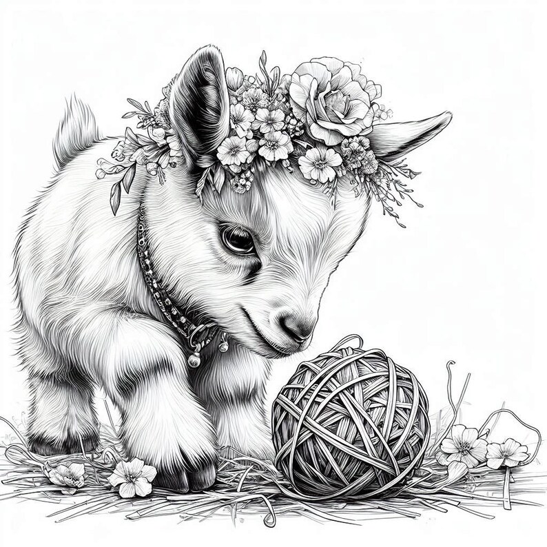 May include: A black and white drawing of a baby goat wearing a flower crown and looking at a ball of yarn.
