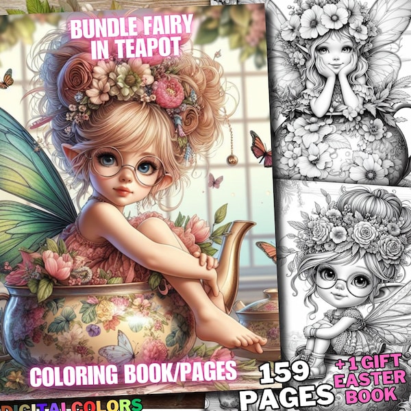 159 pages à colorier Fée dans une tasse de thé, livre de coloriage elfes, gnomes, troll elfe en niveaux de gris + 60 pages de coloriage lapin de Pâques cadeaux pour adultes et enfants