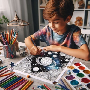 May include: A young person is coloring a detailed black and white illustration of planets and stars with colored pencils and watercolors. The illustration is on a white sheet of paper and the person is sitting at a table with a variety of art supplies.