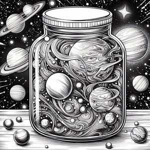 May include: A black and white illustration of a glass jar filled with planets and stars. The jar is sitting on a wooden surface with small, round objects scattered around it.