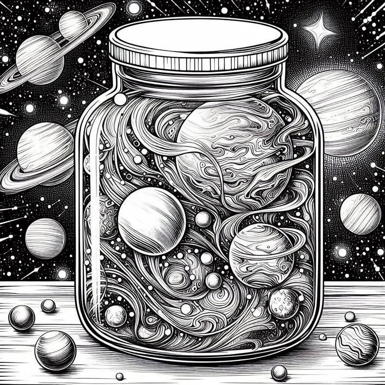 May include: A black and white illustration of a glass jar filled with planets and stars. The jar is sitting on a wooden surface with small, round objects scattered around it.