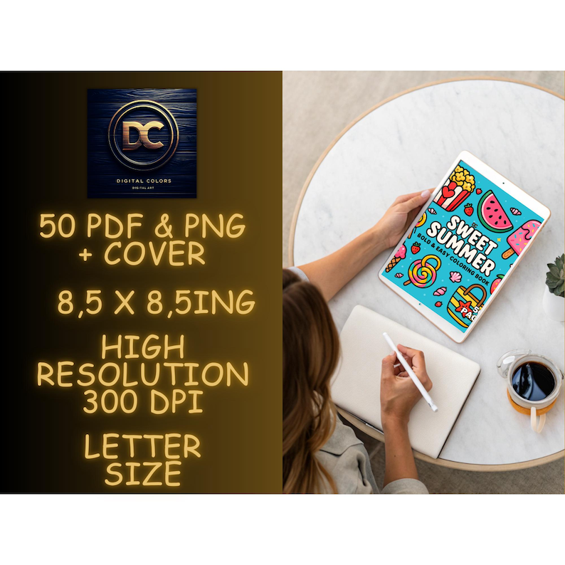 May include: A tablet displaying a "Sweet Summer" digital colouring book is held by a person at a table. A notebook, pen, and a cup of coffee are also on the table. The image includes text: "50 PDF & PNG + COVER 8.5 x 8.5 IN HIGH RESOLUTION 300 DPI LETTER SIZE".
