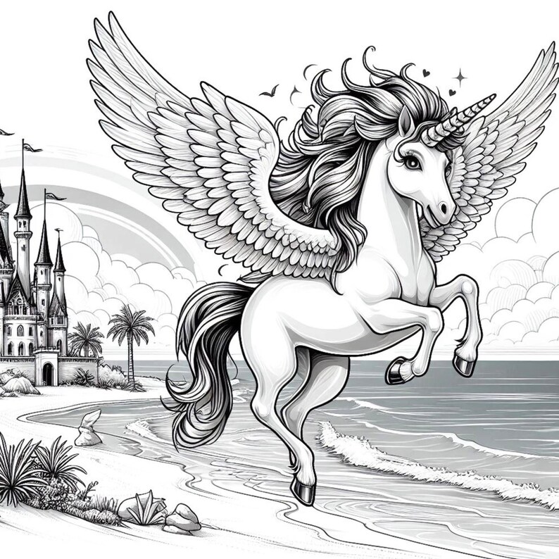 40 Summer Unicorn Coloring Pages, Unicorn Coloring Book, Enchanted & Magical Unicorns Fantasy Grayscale Coloring Adult Kids Printable Pdf image 6