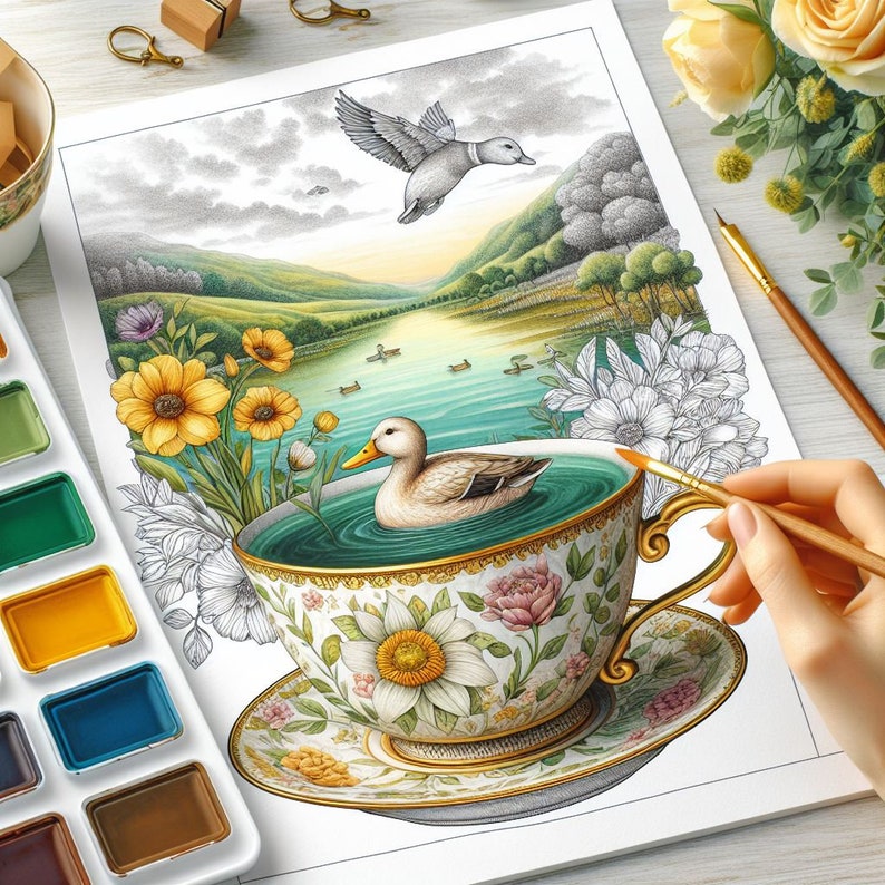 May include: A watercolor painting of a duck swimming in a teacup filled with water. The teacup is decorated with floral patterns and gold trim. The painting also depicts a lake scene with ducks, boats, and mountains, with a flying duck in the sky.