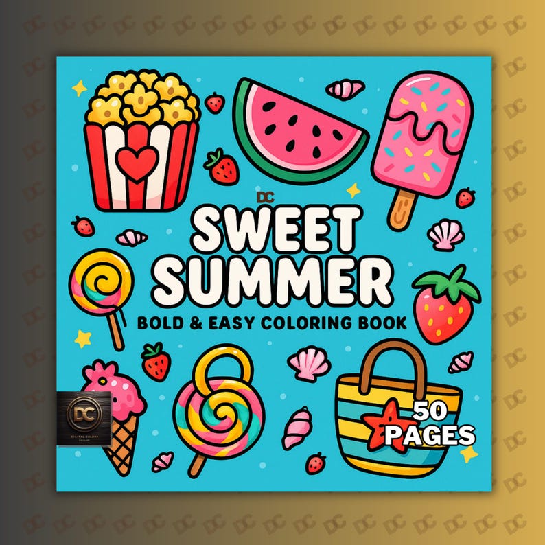 May include: A square coloring book with a bright blue background. The cover features the text "SWEET SUMMER" and illustrations of popcorn, watermelon, a popsicle, strawberries, and a beach bag. The book is labeled "BOLD & EASY COLORING BOOK" and has "50 PAGES".